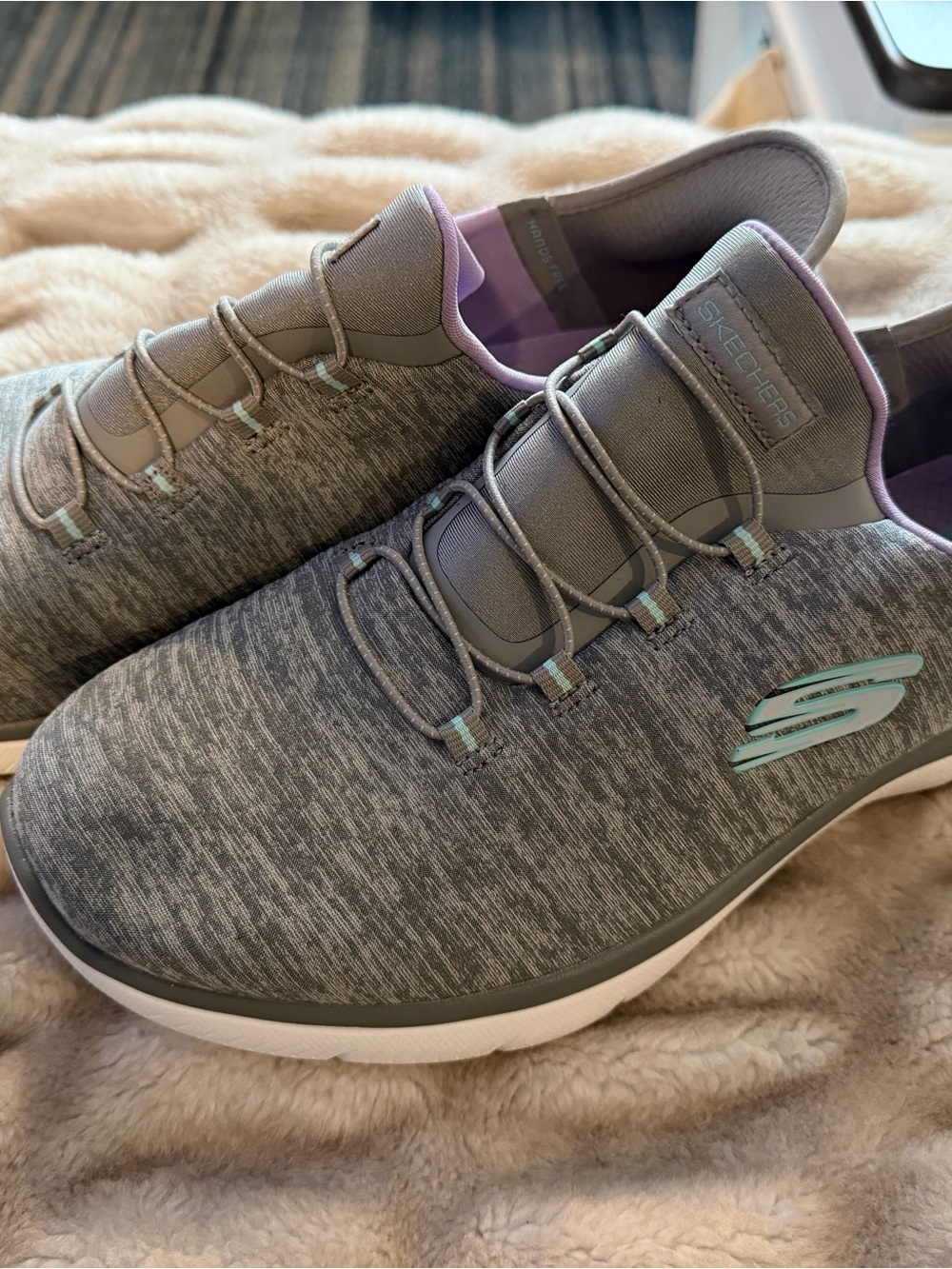 Skechers Women's Gray Knit Slip-On Sneakers with Mint and Lilac Accents